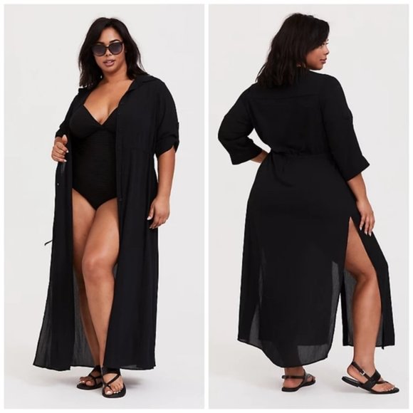 torrid Other - Black Crinkled Maxi Shirt Dress Swim Cover-Up